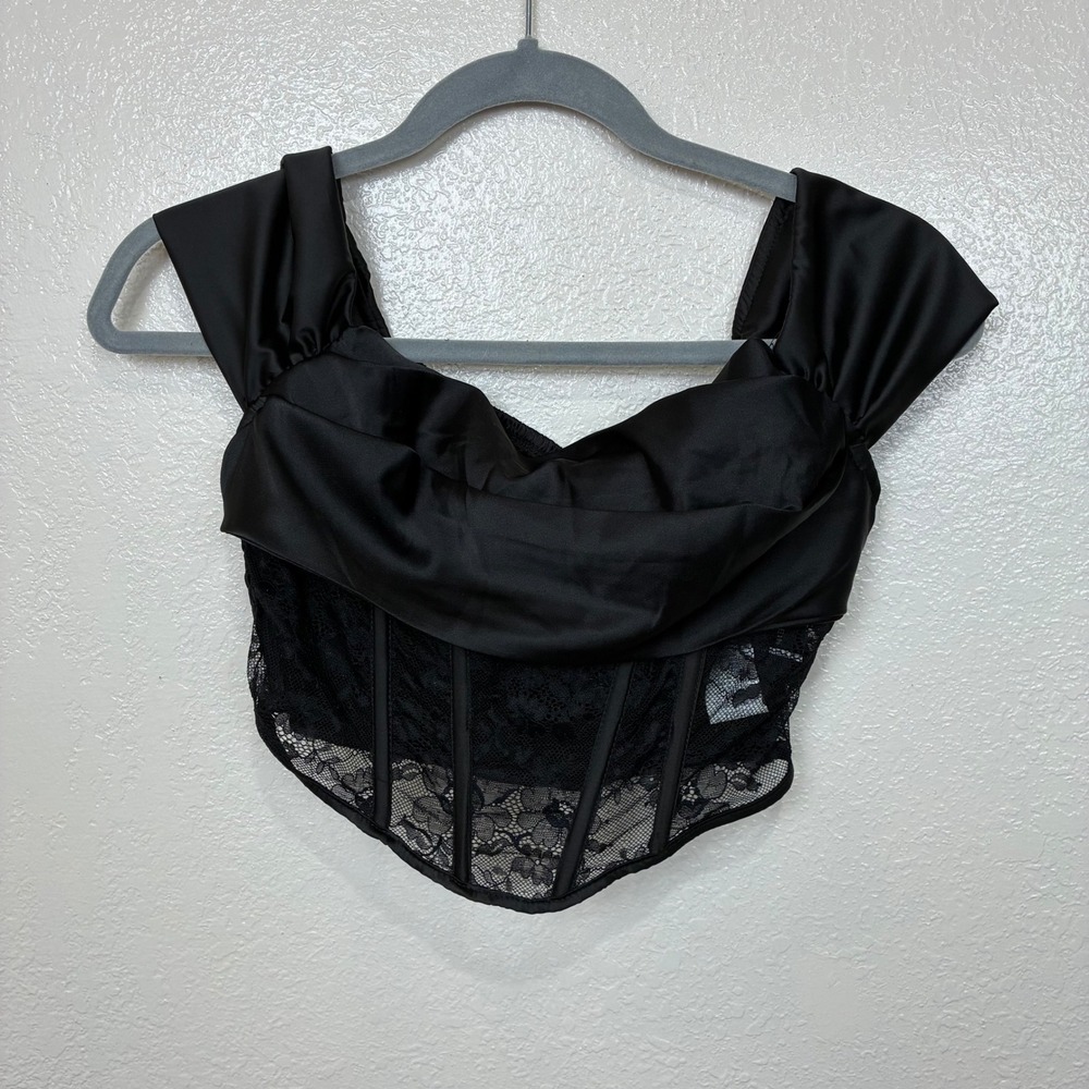 SHEIN Black Lace Corset Top Off Shoulder Satin Draped Smocked Back Sz S 4